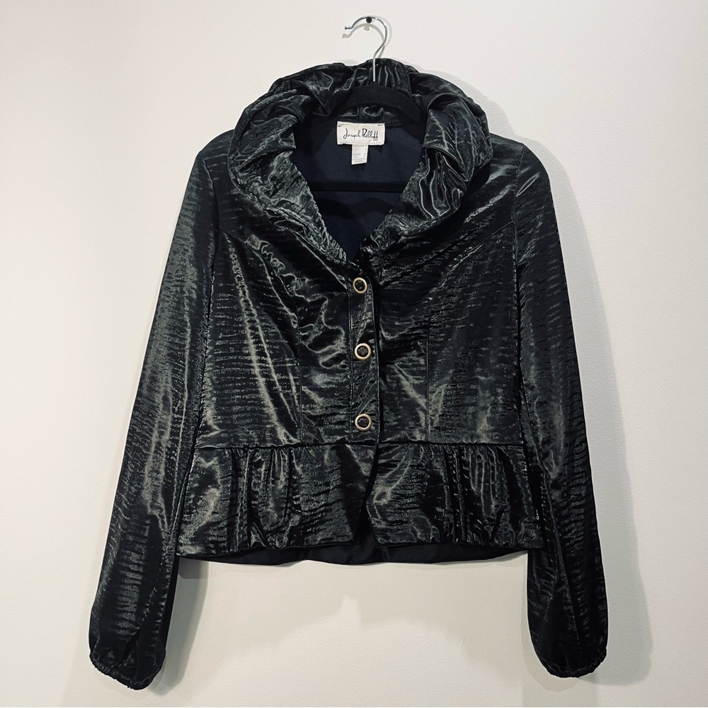 Joseph Ribkoff Vintage Black Snap Front Peplum Moto Metallic Jacket Blazer sz 6 - Picture 3 of 15